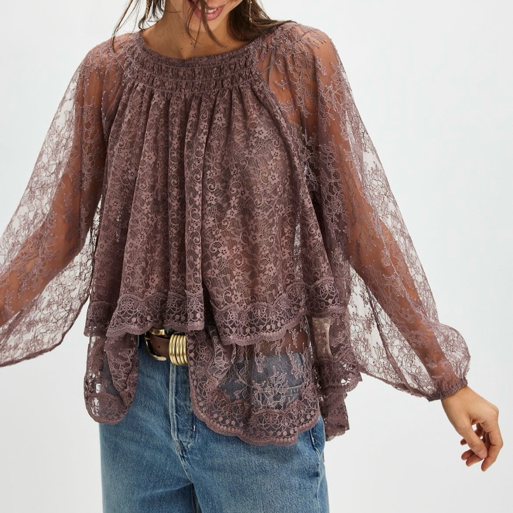 Free People Goldie Knit Lace Top Plum Dust Bow
